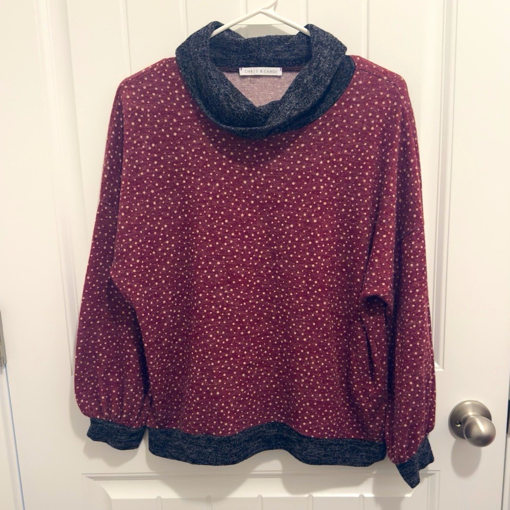Chris & Carol Women's Burgundy Polka Dot Cowl Neck Long Sleeve Knit Sweater